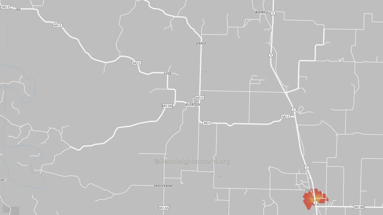 Walk Grade map of Eldridge, MO, walkable areas in green and car-dependent areas in red