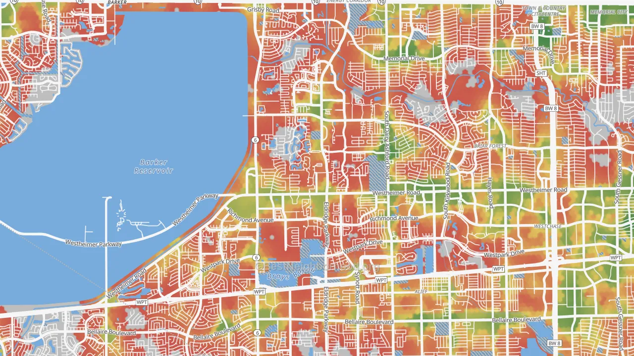 Walk Grade map of Eldridge-West Oaks, Houston, TX, walkable areas in green and car-dependent areas in red