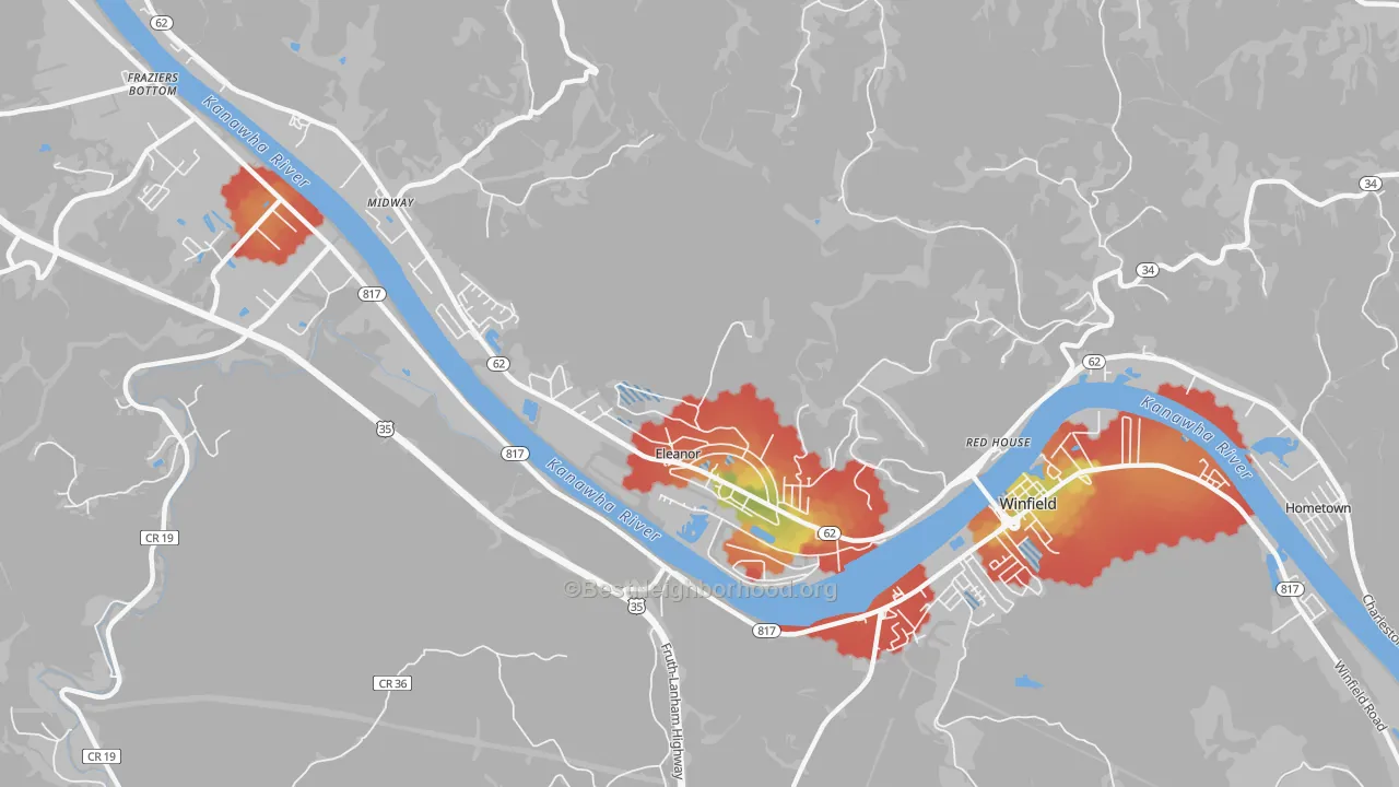 Walk Grade map of Eleanor, WV, walkable areas in green and car-dependent areas in red
