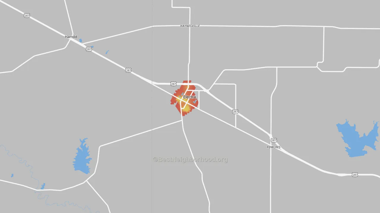 Walk Grade map of Electra, TX, walkable areas in green and car-dependent areas in red