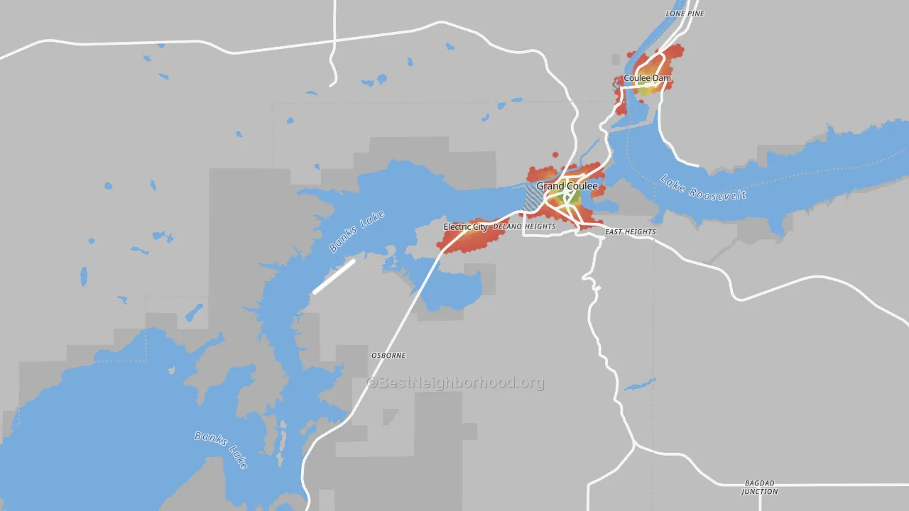 Walk Grade map of Electric City, WA, walkable areas in green and car-dependent areas in red
