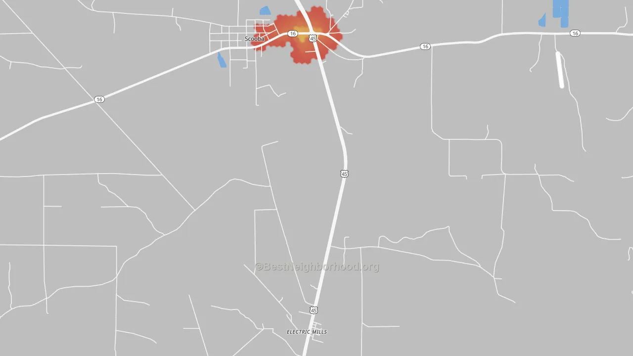 Walk Grade map of Electric Mills, MS, walkable areas in green and car-dependent areas in red