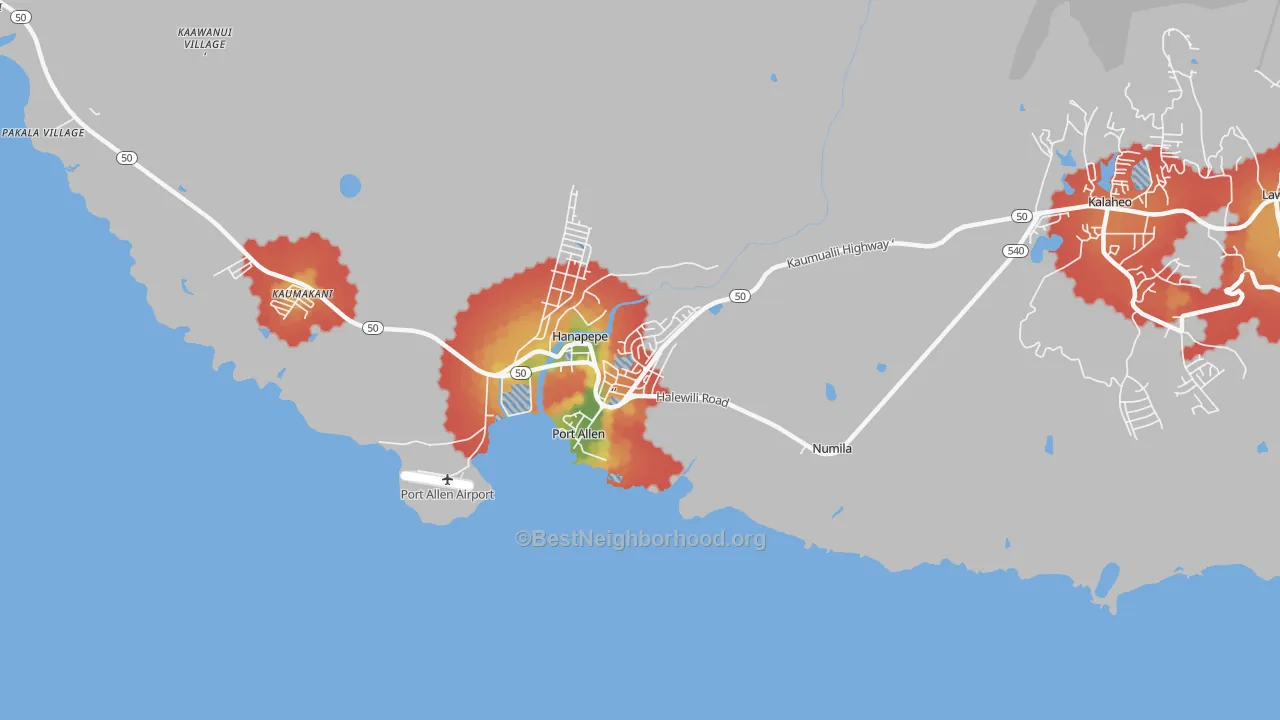 Walk Grade map of Eleele, HI, walkable areas in green and car-dependent areas in red