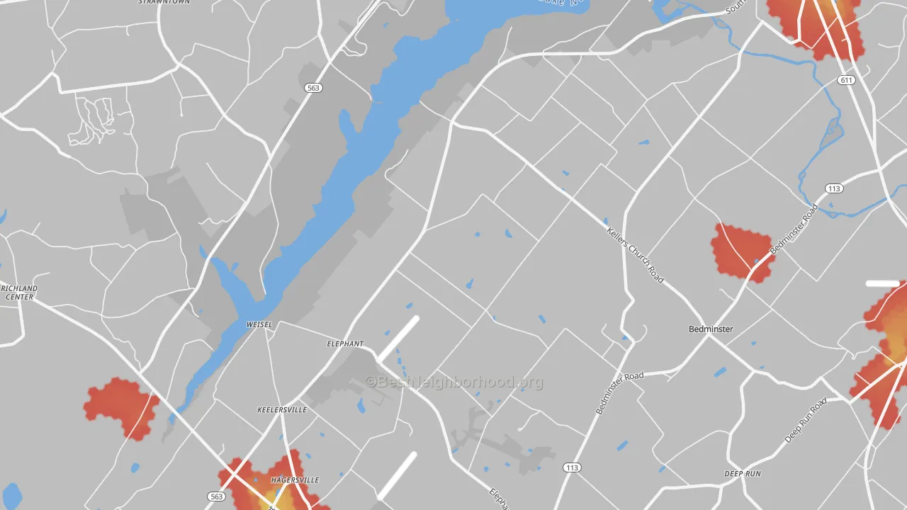 Walk Grade map of Elephant, PA, walkable areas in green and car-dependent areas in red