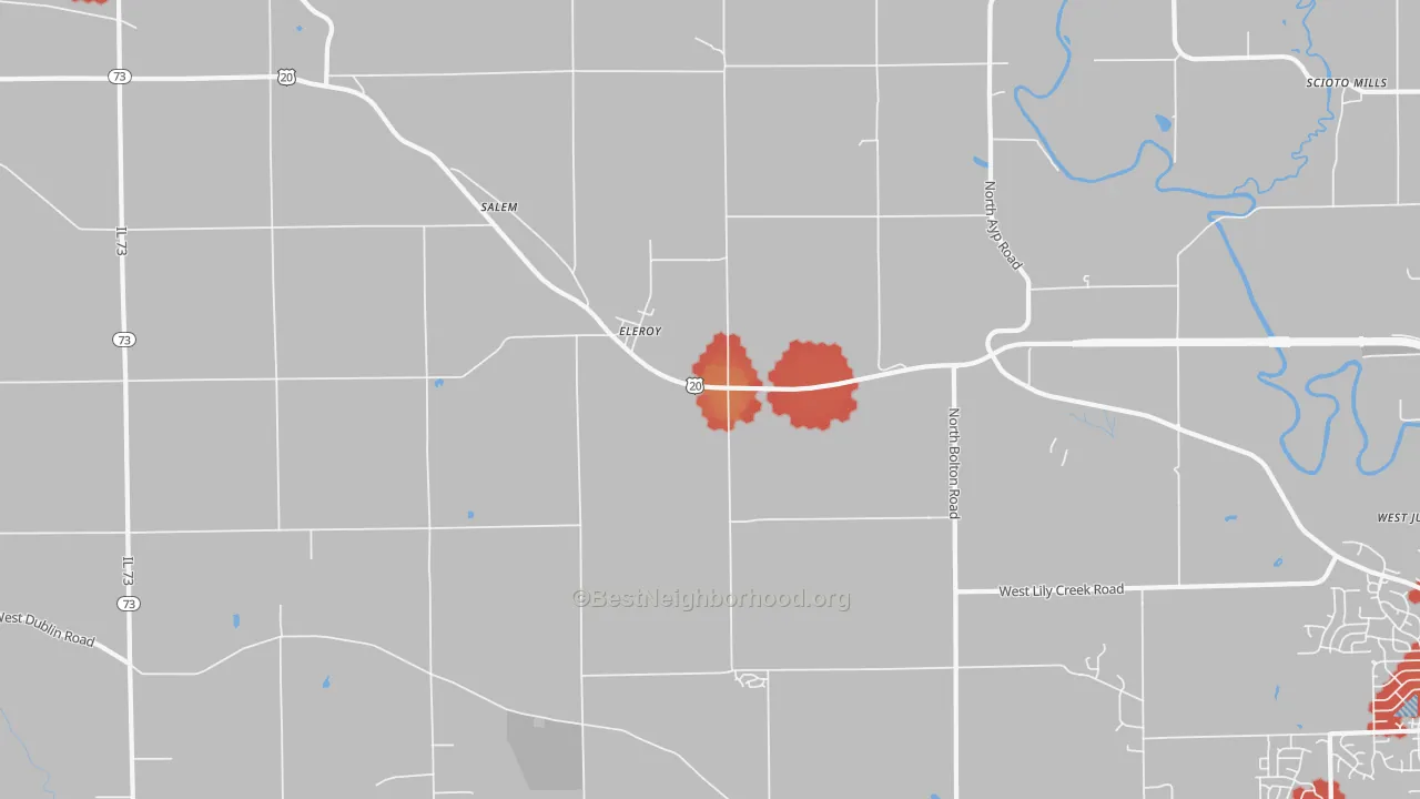 Walk Grade map of Eleroy, IL, walkable areas in green and car-dependent areas in red