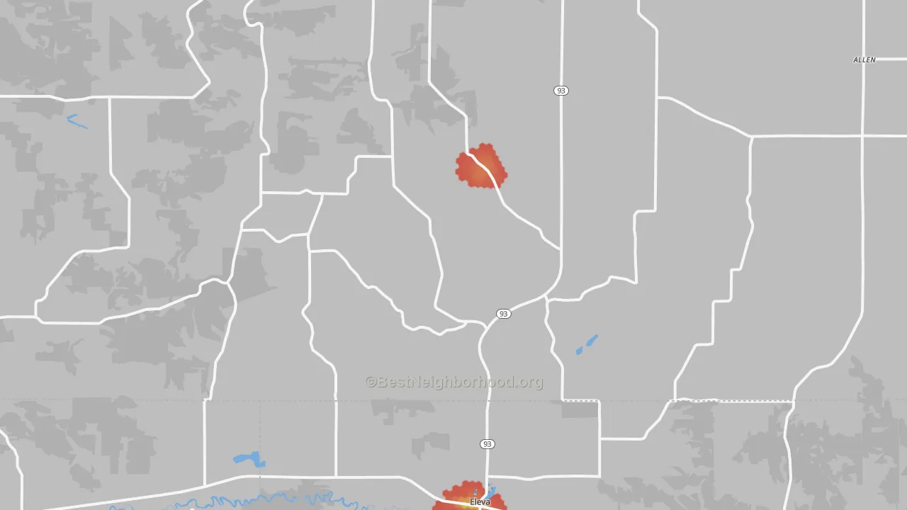 Walk Grade map of Eleva, WI, walkable areas in green and car-dependent areas in red
