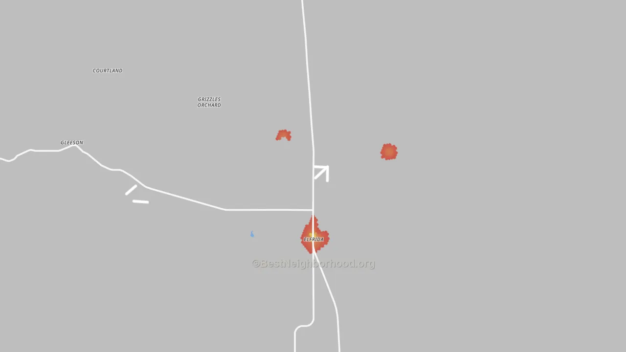 Walk Grade map of Elfrida, AZ, walkable areas in green and car-dependent areas in red