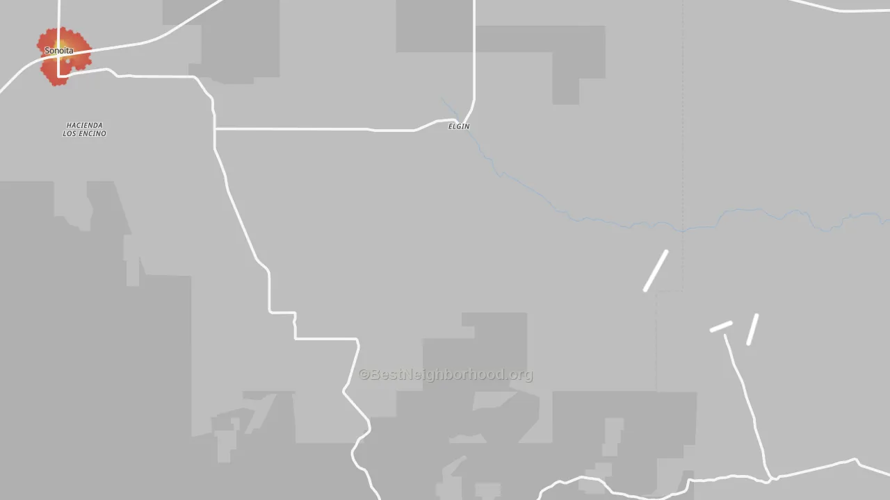 Walk Grade map of Elgin, AZ, walkable areas in green and car-dependent areas in red
