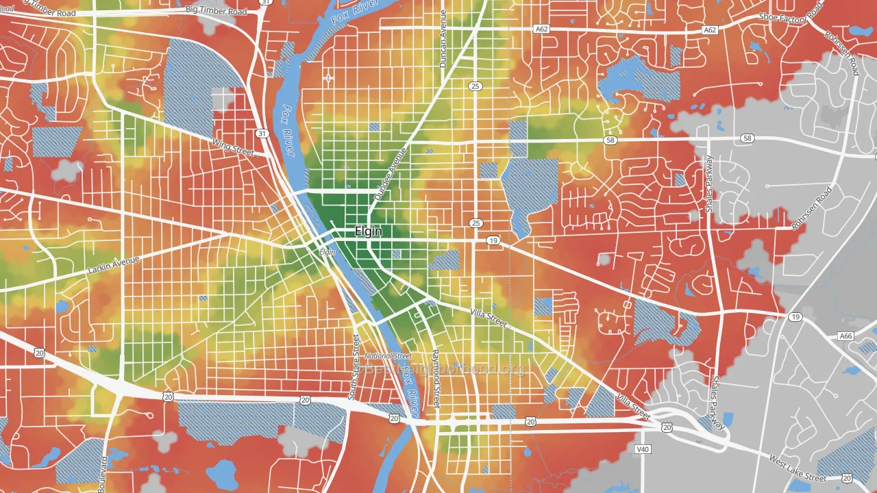 Walk Grade map of Elgin Historic District, Elgin, IL, walkable areas in green and car-dependent areas in red