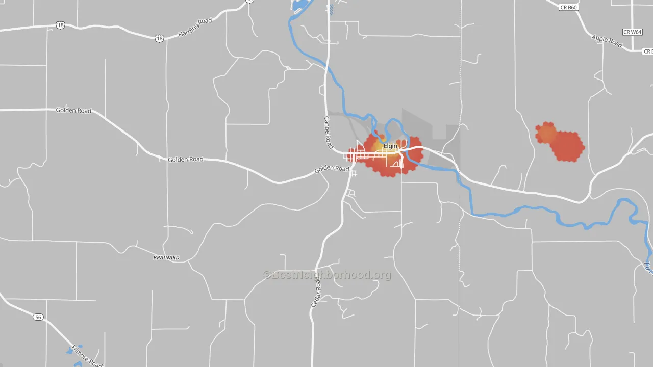 Walk Grade map of Elgin, IA, walkable areas in green and car-dependent areas in red
