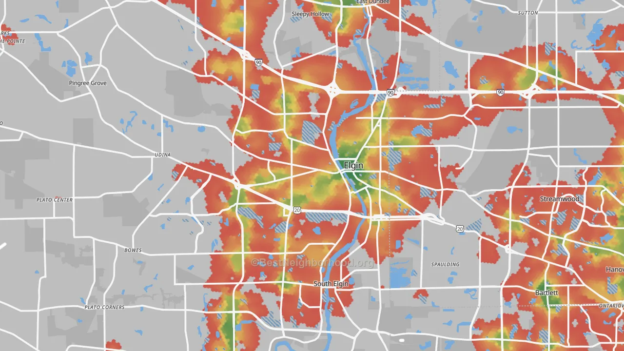 Walk Grade map of Elgin, IL, walkable areas in green and car-dependent areas in red