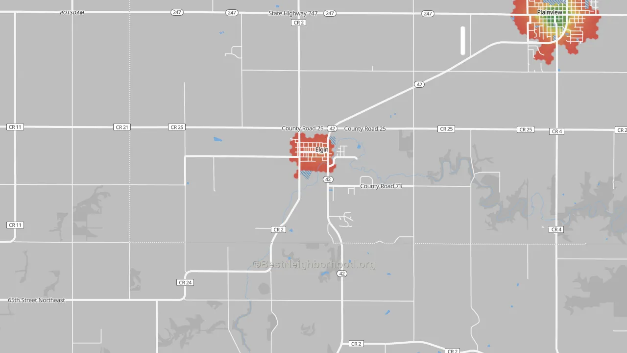 Walk Grade map of Elgin, MN, walkable areas in green and car-dependent areas in red
