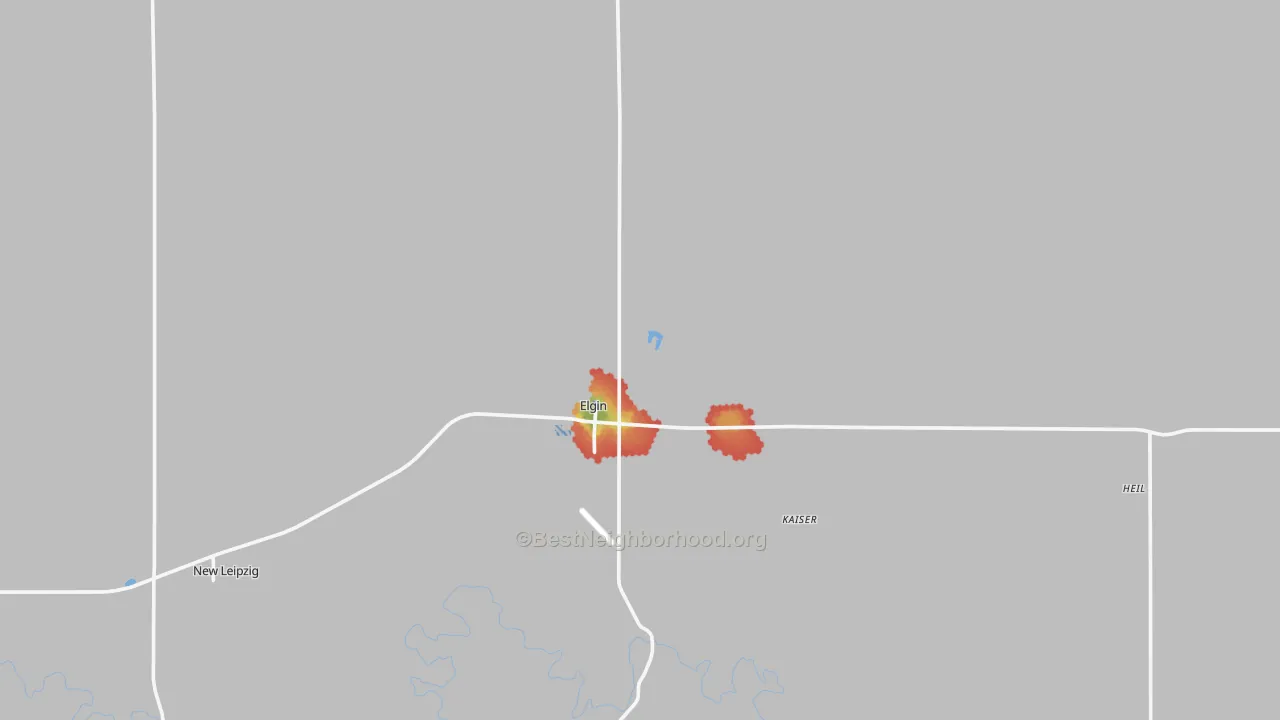 Walk Grade map of Elgin, ND, walkable areas in green and car-dependent areas in red