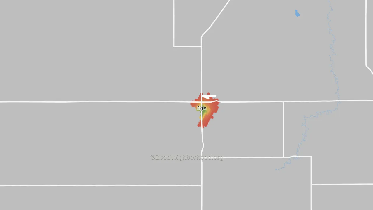 Walk Grade map of Elgin, NE, walkable areas in green and car-dependent areas in red