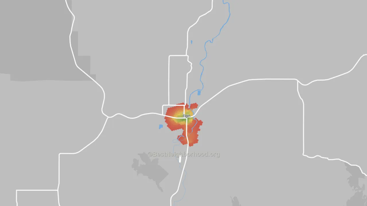 Walk Grade map of Elgin, OR, walkable areas in green and car-dependent areas in red