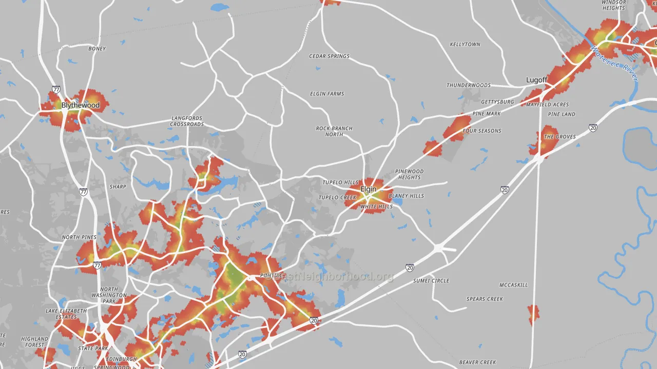 Walk Grade map of Elgin, SC, walkable areas in green and car-dependent areas in red