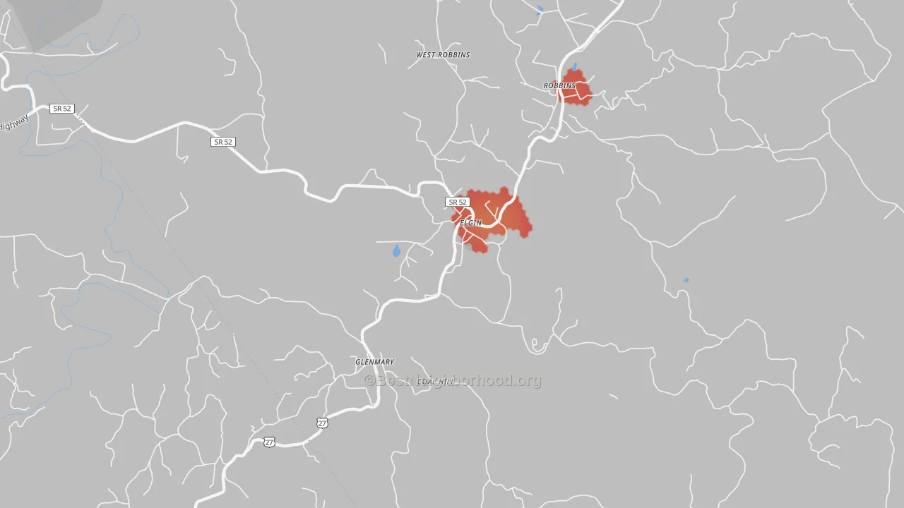 Walk Grade map of Elgin, TN, walkable areas in green and car-dependent areas in red