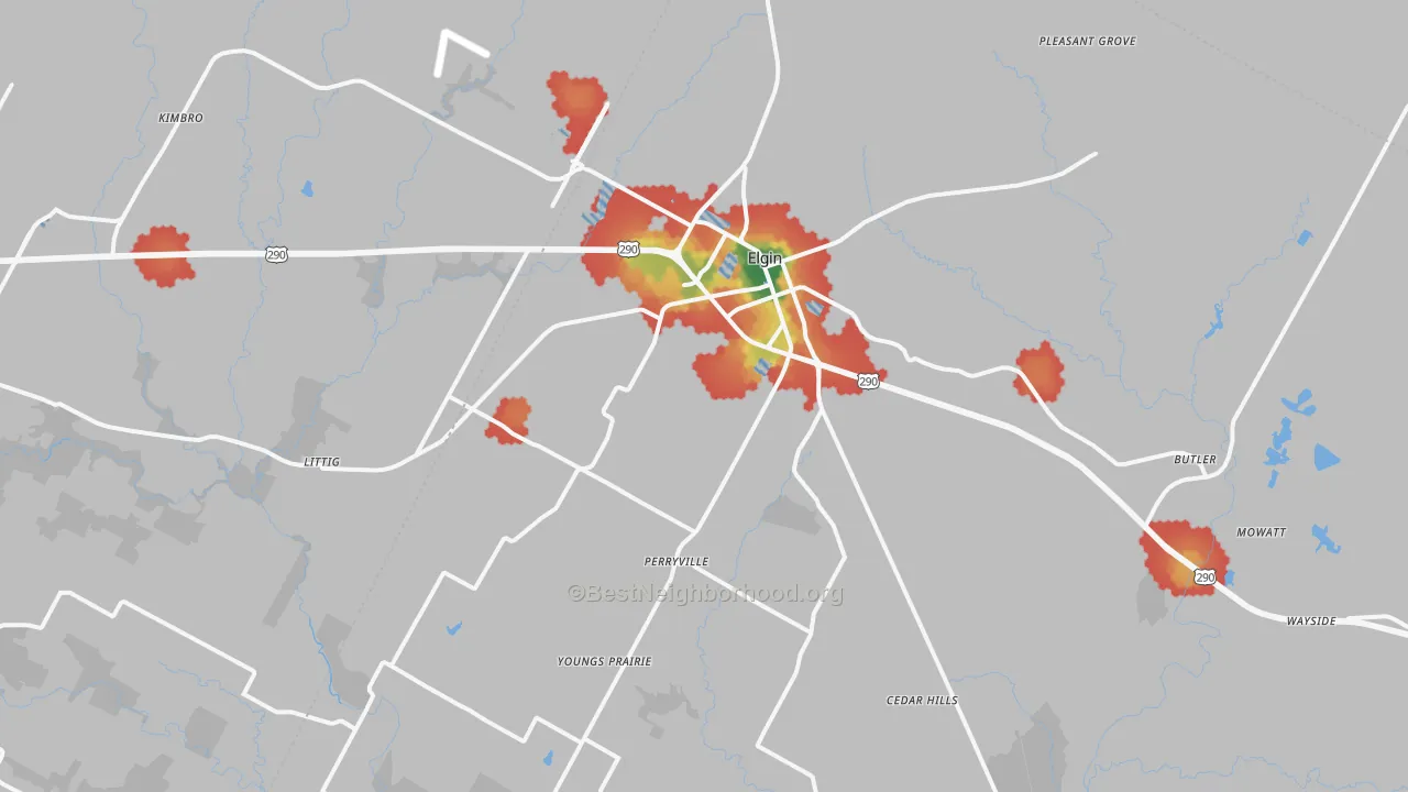 Walk Grade map of Elgin, TX, walkable areas in green and car-dependent areas in red