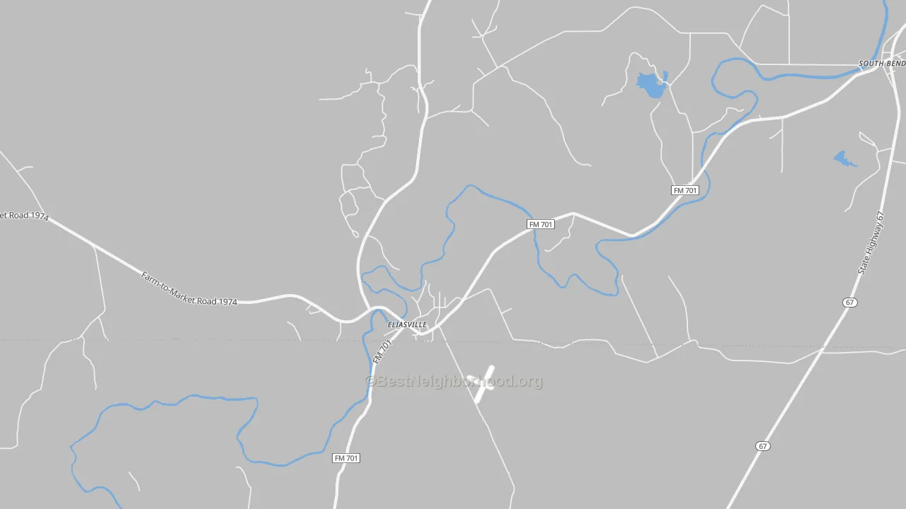 Walk Grade map of Eliasville, TX, walkable areas in green and car-dependent areas in red