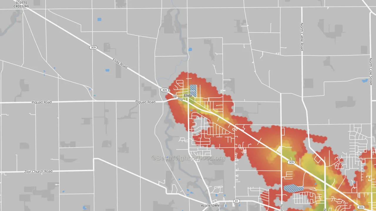 Walk Grade map of Elida, OH, walkable areas in green and car-dependent areas in red