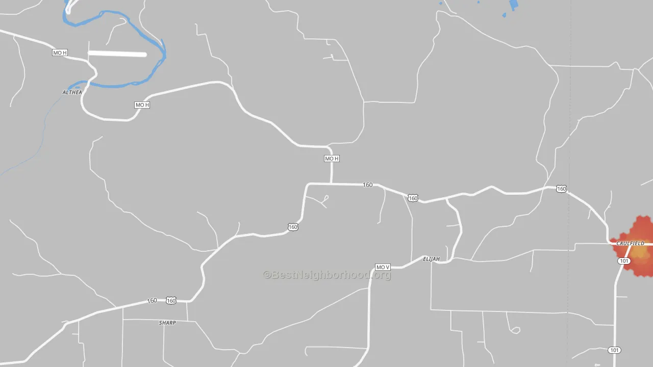 Walk Grade map of Elijah, MO, walkable areas in green and car-dependent areas in red