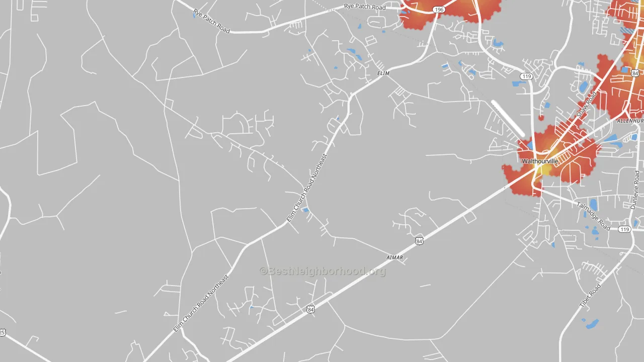 Walk Grade map of Elim, GA, walkable areas in green and car-dependent areas in red