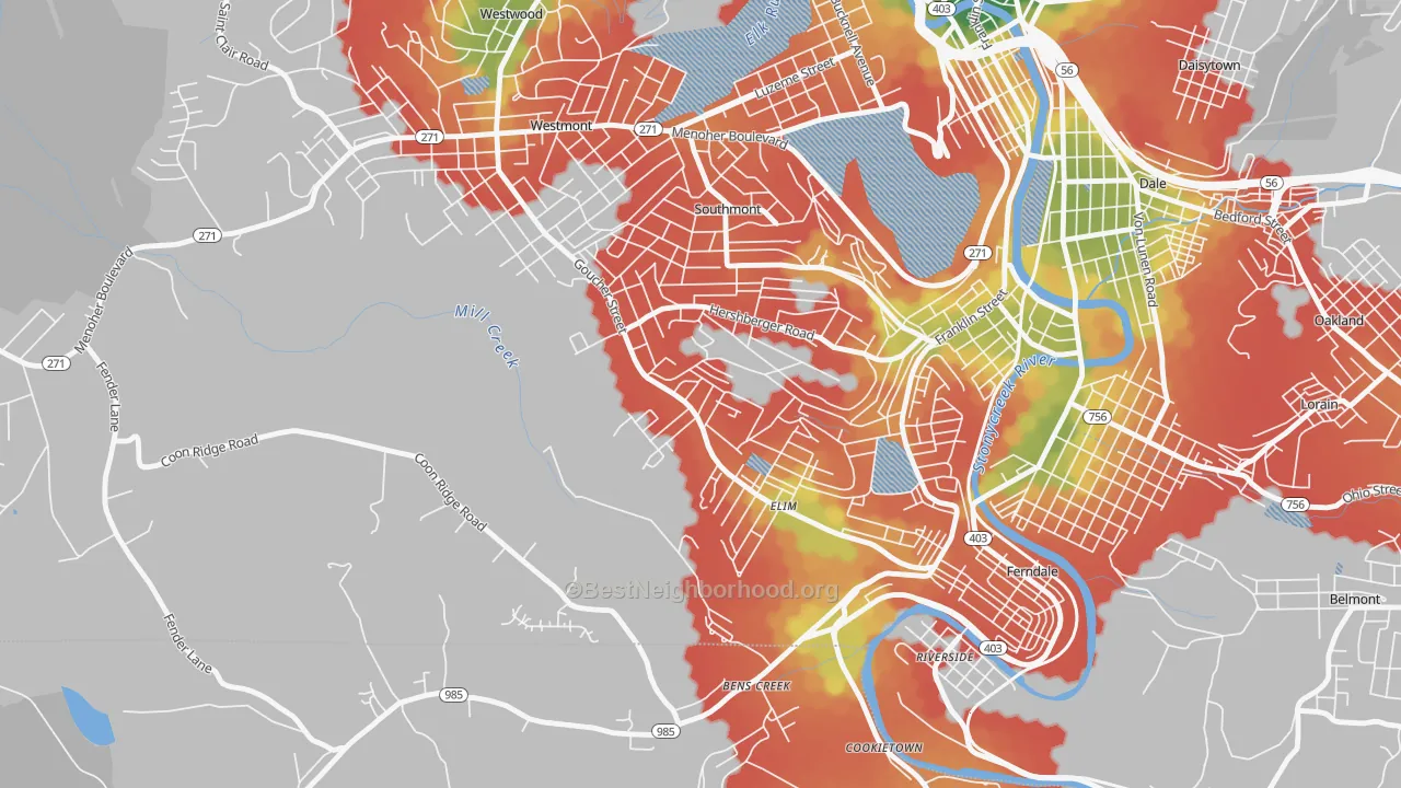 Walk Grade map of Elim, PA, walkable areas in green and car-dependent areas in red