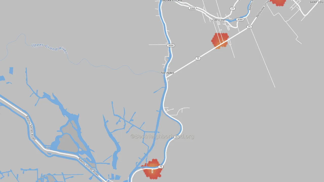 Walk Grade map of Eliza, LA, walkable areas in green and car-dependent areas in red