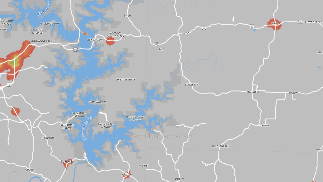 Walk Grade map of Elizabeth, AR, walkable areas in green and car-dependent areas in red