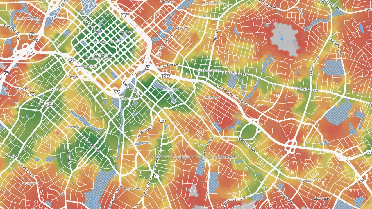 Walk Grade map of Elizabeth, Charlotte, NC, walkable areas in green and car-dependent areas in red