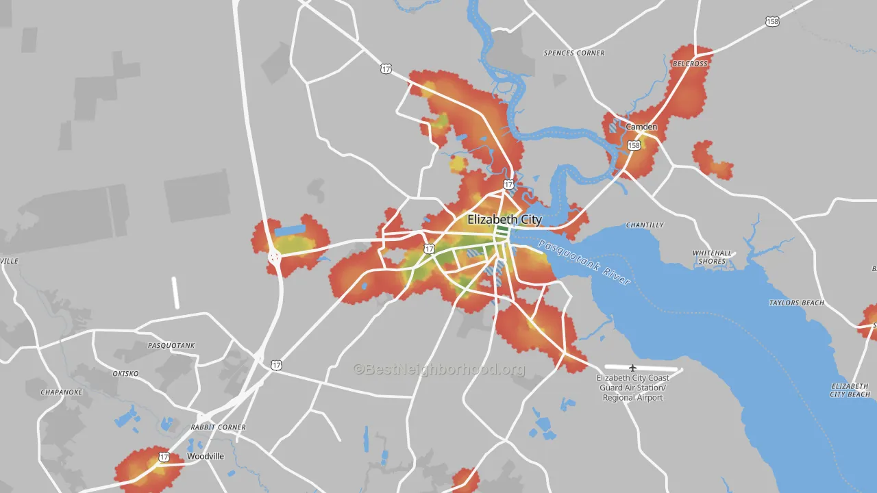 Walk Grade map of Elizabeth City, NC, walkable areas in green and car-dependent areas in red