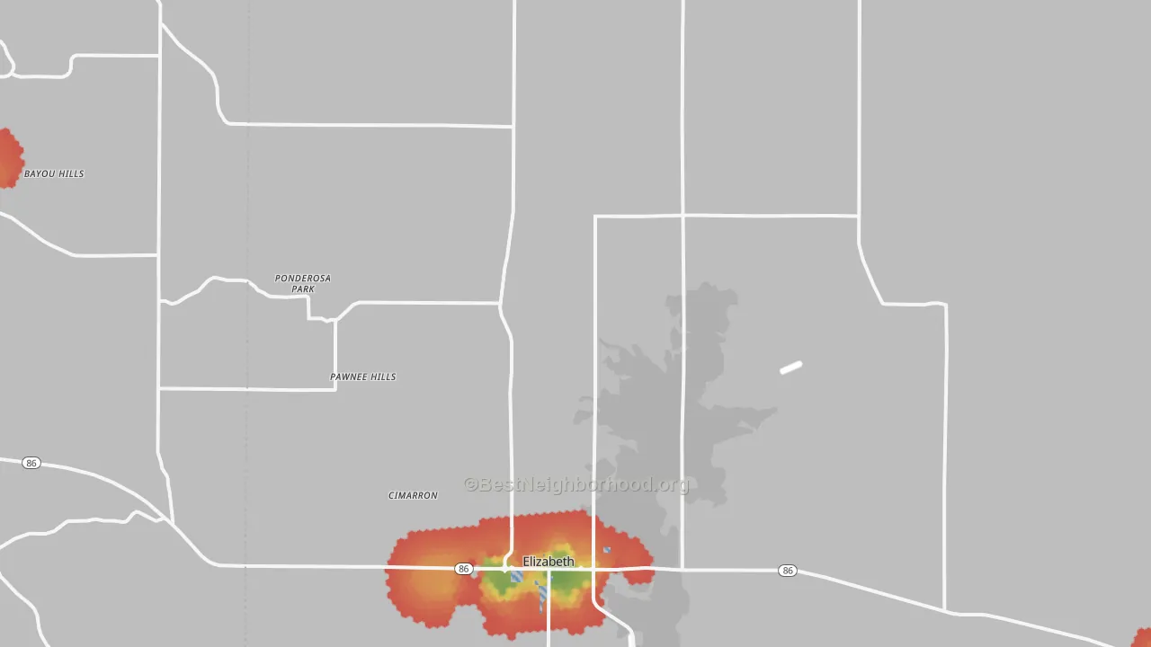 Walk Grade map of Elizabeth, CO, walkable areas in green and car-dependent areas in red