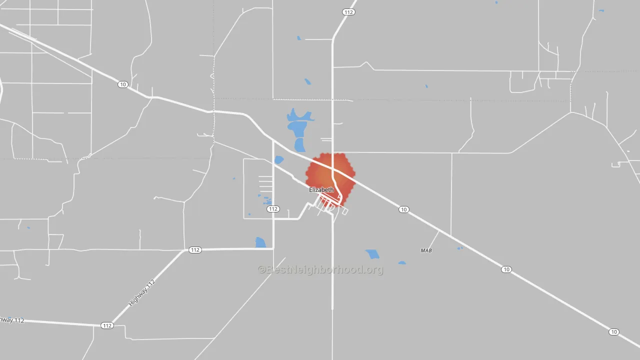 Walk Grade map of Elizabeth, LA, walkable areas in green and car-dependent areas in red