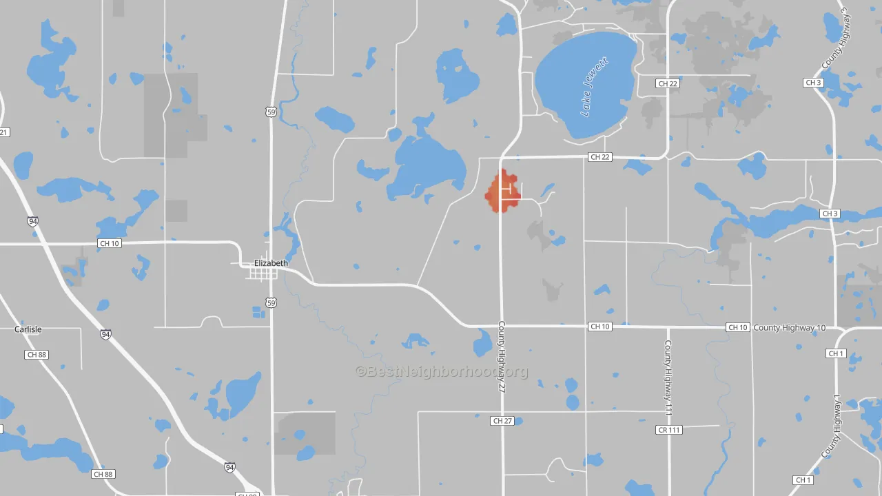 Walk Grade map of Elizabeth, MN, walkable areas in green and car-dependent areas in red