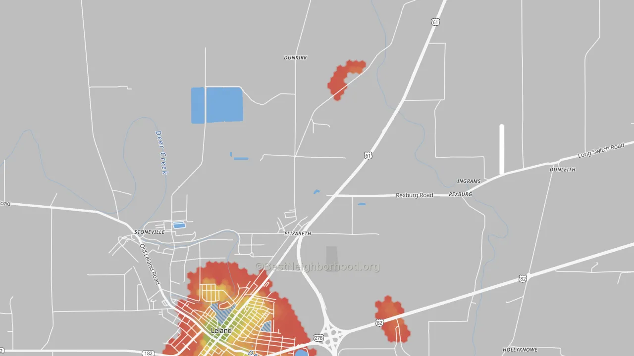 Walk Grade map of Elizabeth, MS, walkable areas in green and car-dependent areas in red
