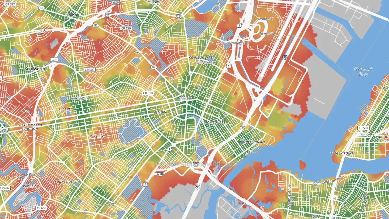 Walk Grade map of Elizabeth, NJ, walkable areas in green and car-dependent areas in red