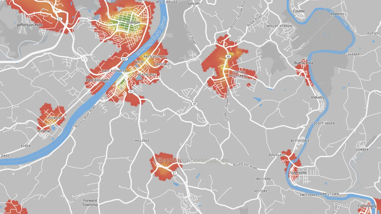 Walk Grade map of Elizabeth, PA, walkable areas in green and car-dependent areas in red