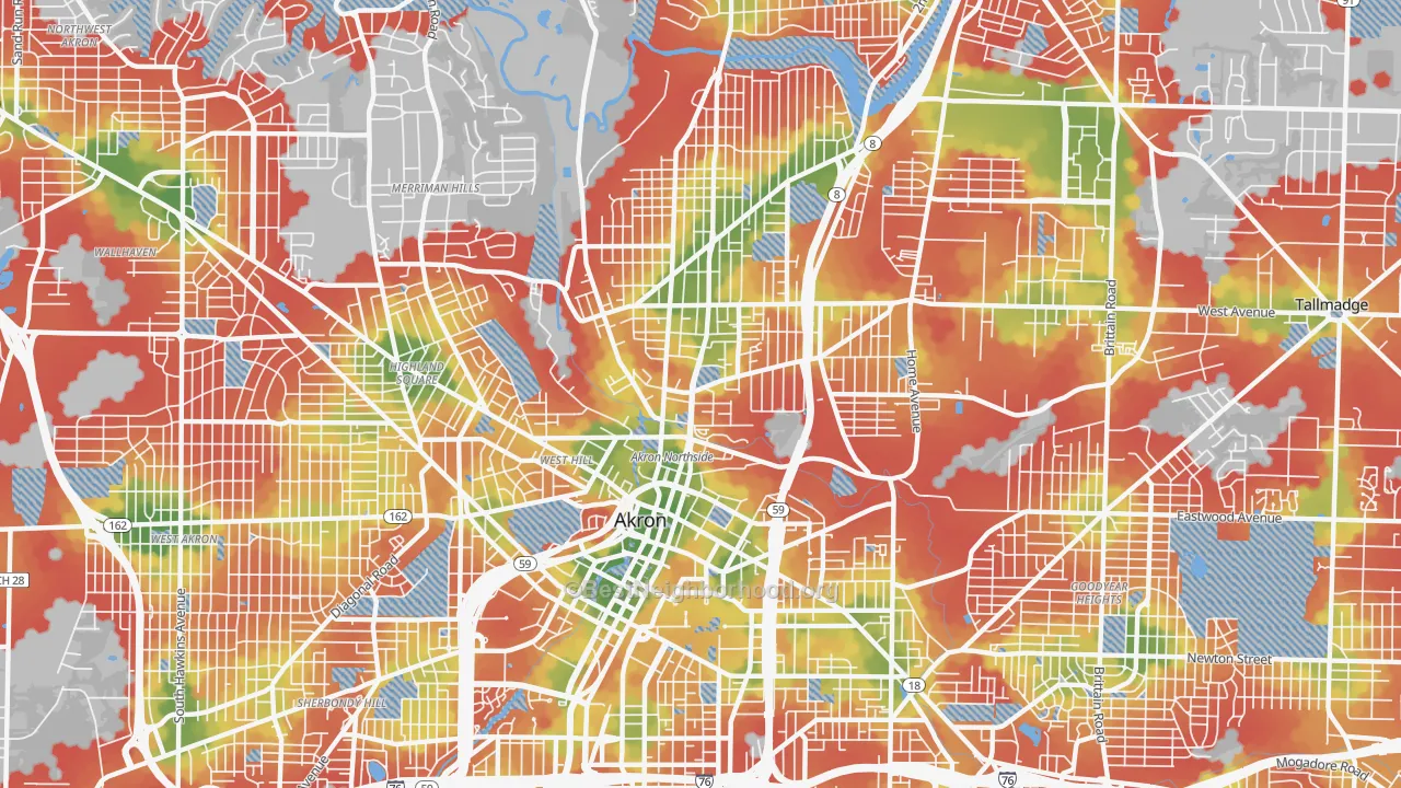 Walk Grade map of Elizabeth Park Valley, Akron, OH, walkable areas in green and car-dependent areas in red