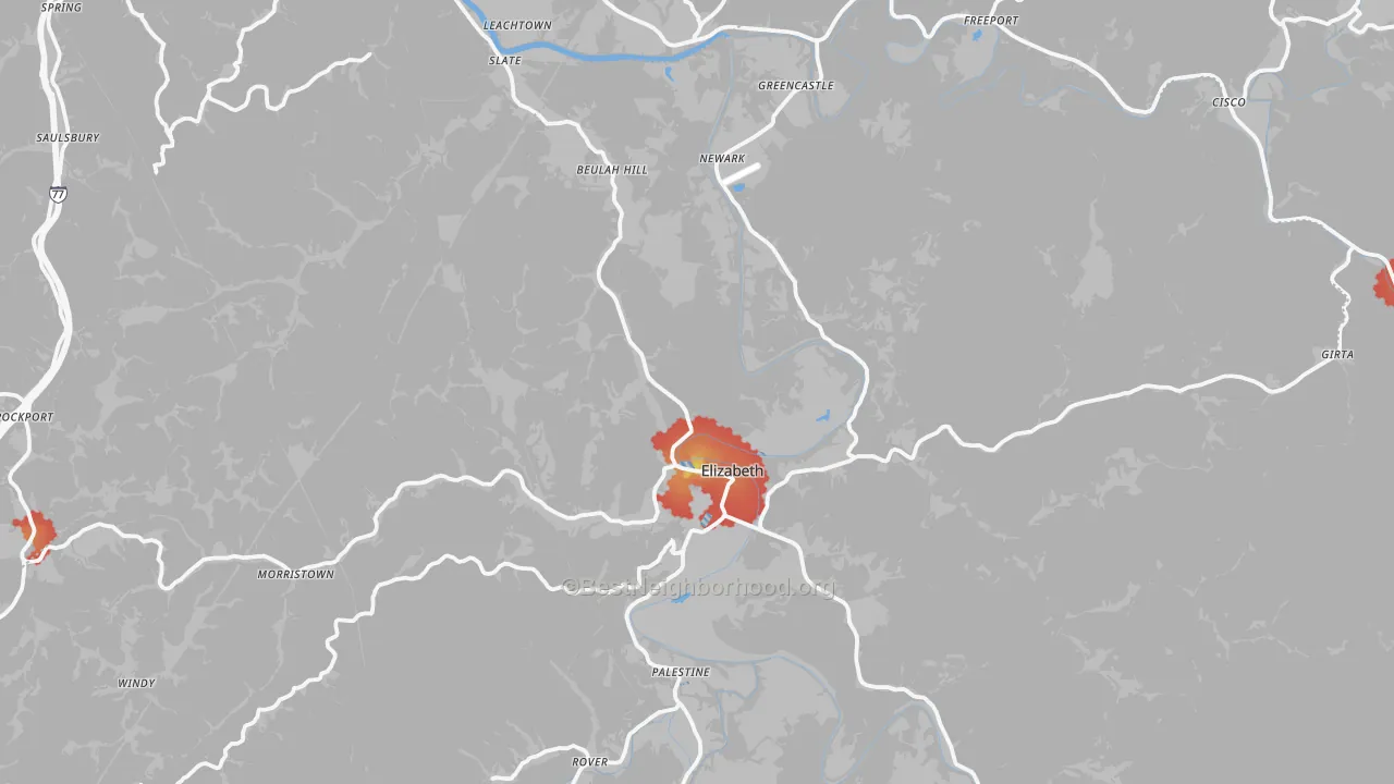 Walk Grade map of Elizabeth, WV, walkable areas in green and car-dependent areas in red