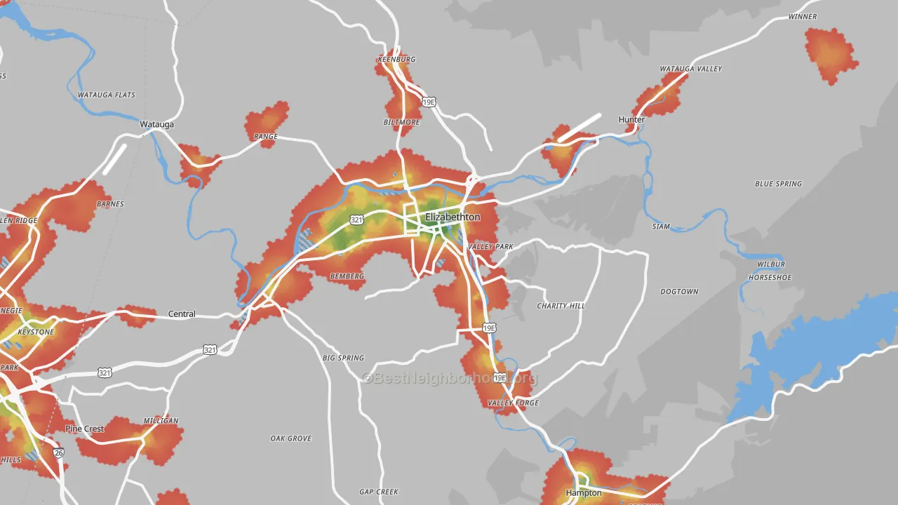 Walk Grade map of Elizabethton, TN, walkable areas in green and car-dependent areas in red