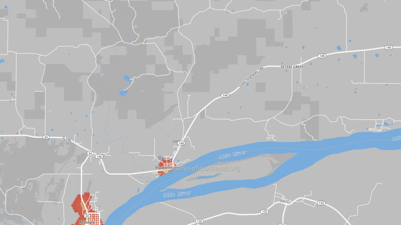 Walk Grade map of Elizabethtown, IL, walkable areas in green and car-dependent areas in red
