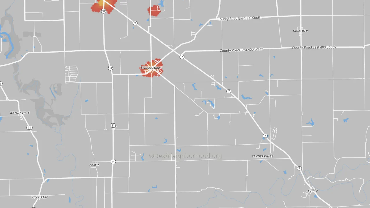 Walk Grade map of Elizabethtown, IN, walkable areas in green and car-dependent areas in red