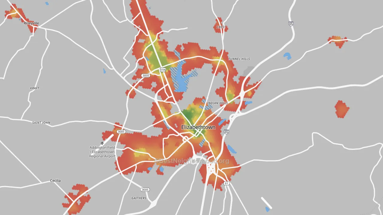 Walk Grade map of Elizabethtown, KY, walkable areas in green and car-dependent areas in red