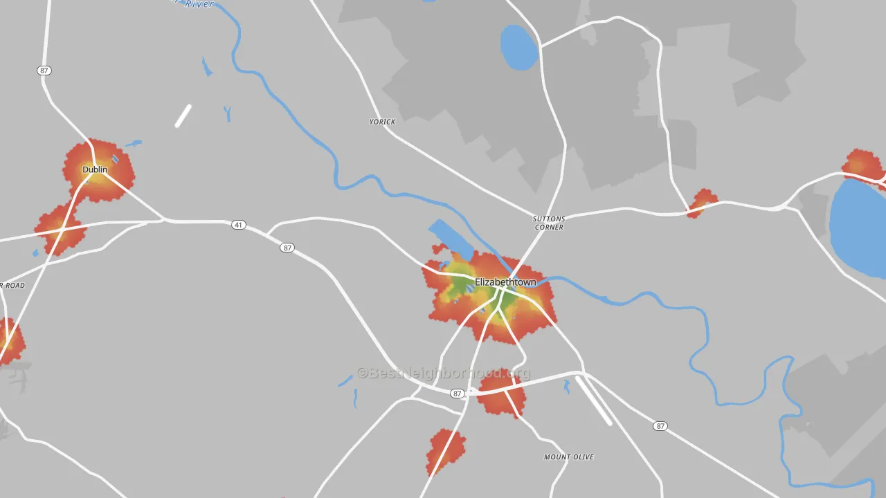 Walk Grade map of Elizabethtown, NC, walkable areas in green and car-dependent areas in red