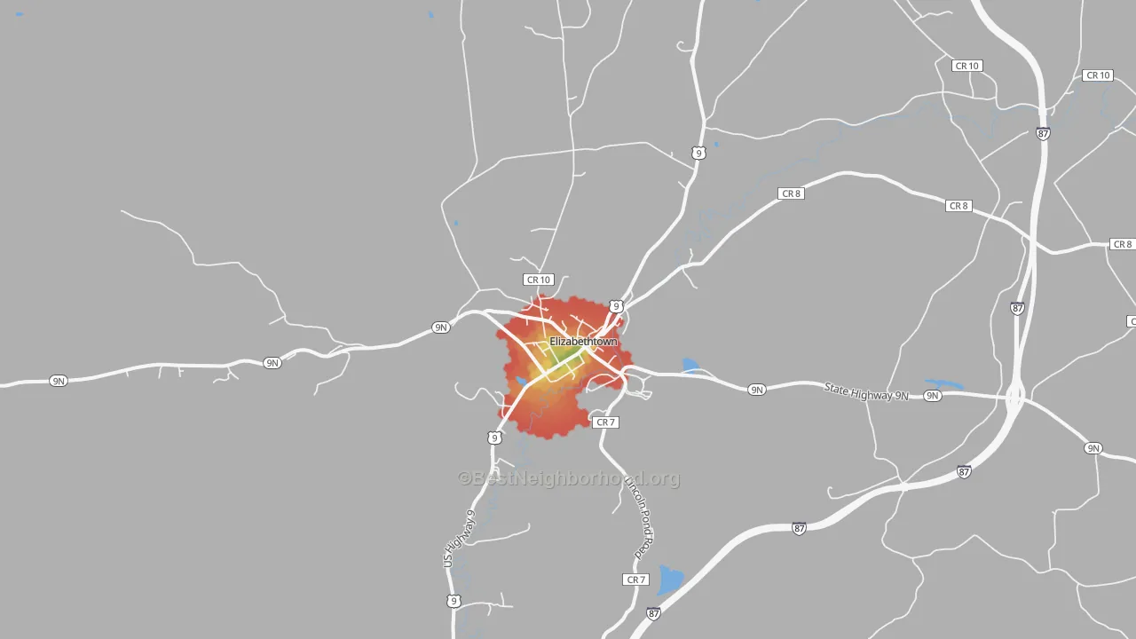 Walk Grade map of Elizabethtown, NY, walkable areas in green and car-dependent areas in red