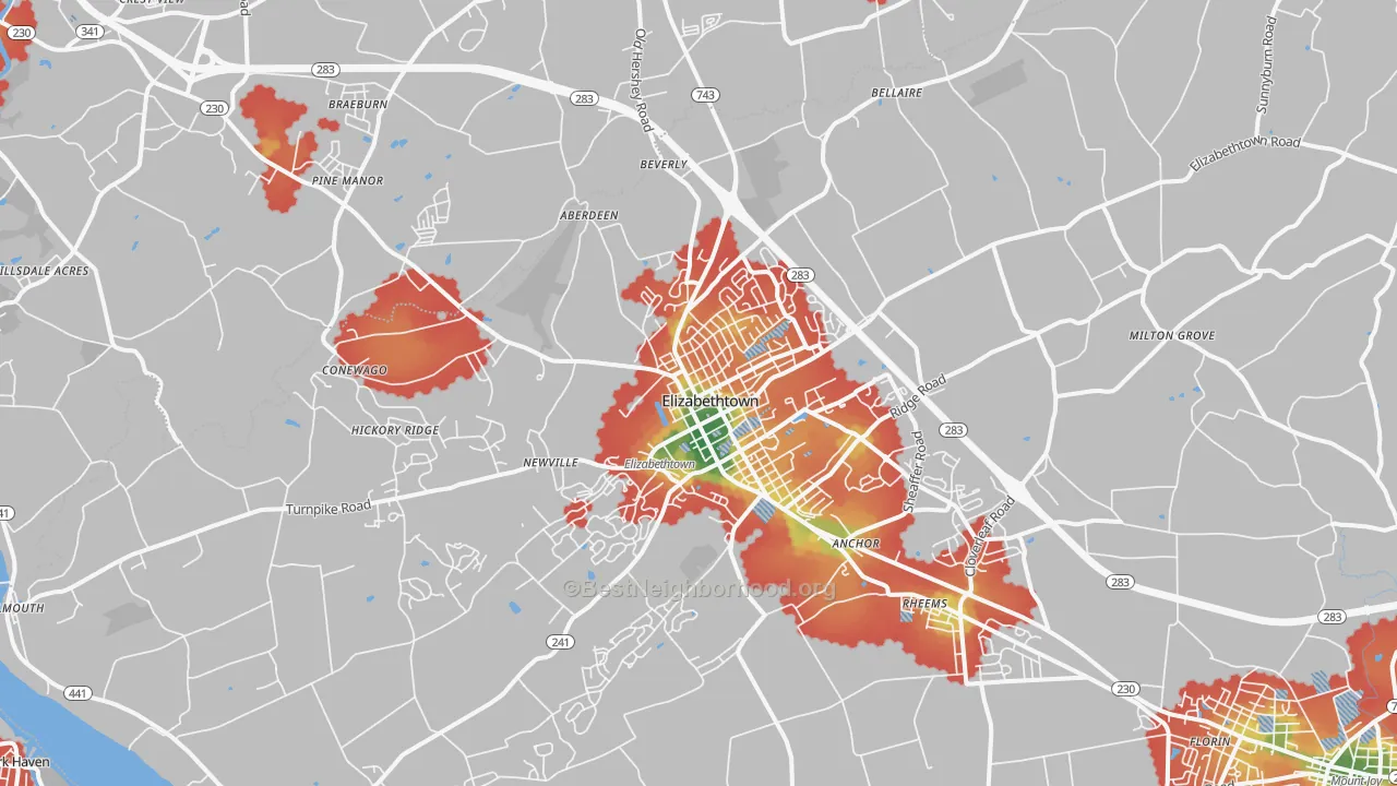 Walk Grade map of Elizabethtown, PA, walkable areas in green and car-dependent areas in red