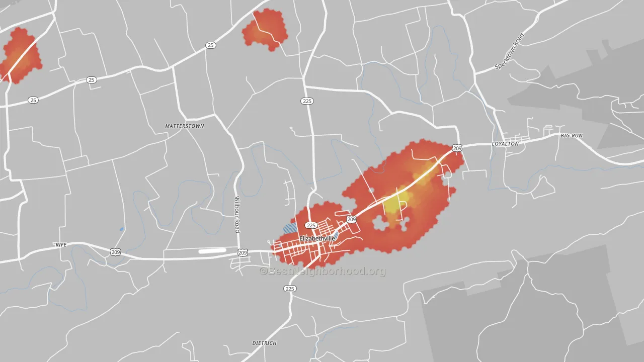Walk Grade map of Elizabethville, PA, walkable areas in green and car-dependent areas in red