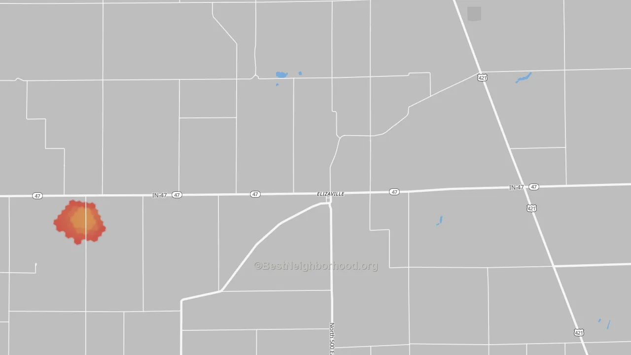 Walk Grade map of Elizaville, IN, walkable areas in green and car-dependent areas in red