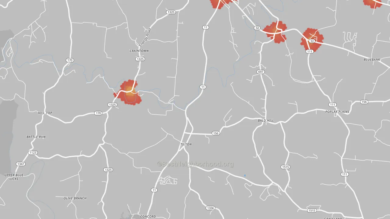 Walk Grade map of Elizaville, KY, walkable areas in green and car-dependent areas in red