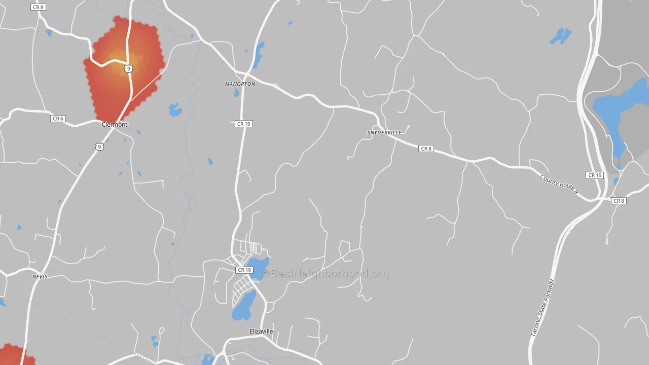 Walk Grade map of Elizaville, NY, walkable areas in green and car-dependent areas in red